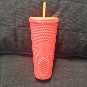 Starbucks Textured Coral/Cantaloupe Color Tumbler with Yellow Straw